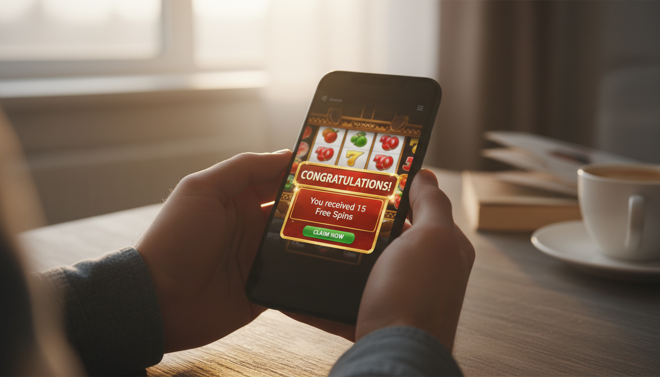 Gracz trzymający smartfon z widocznym bonusem darmowych spinów w aplikacji mobilnej